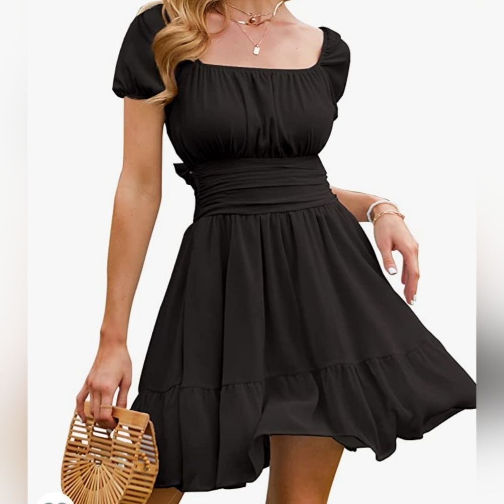 EXLURA Tie Back Square Neck Short Puff Sleeve Casual A Line Sundress Siz…